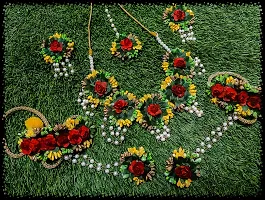 Craftsai Exports Flower Necklace Set with Maang Tika, Earrings and Bracelet for Women and Girls (Red and Green)-thumb1