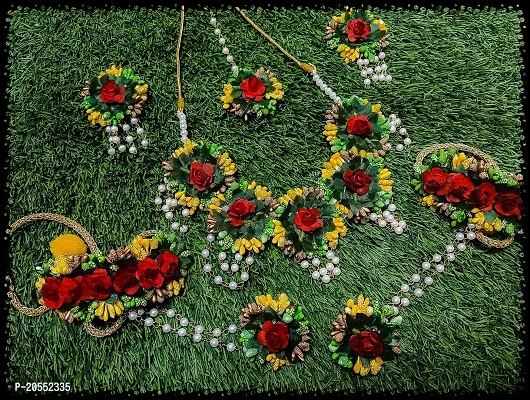 Craftsai Exports Flower Necklace Set with Maang Tika, Earrings and Bracelet for Women and Girls (Red and Green)-thumb2