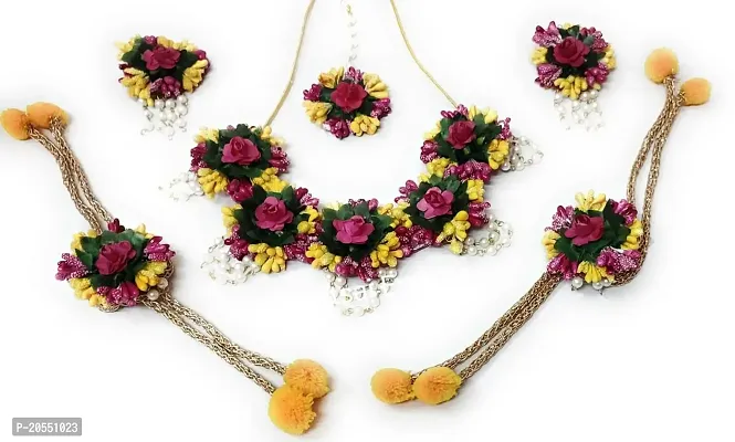 Craftsai Exports Yellow and Pink Fabric Flower Jewellery Necklace Set with MaangTikaa, Earrings, Bracelets for Women Girls Free size