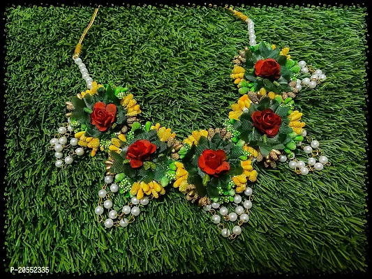 Craftsai Exports Flower Necklace Set with Maang Tika, Earrings and Bracelet for Women and Girls (Red and Green)-thumb3