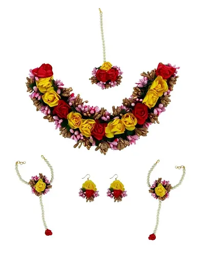 Anuradha Art? Jewellery Colour Artificial Flower Necklace Combo Set, Baby Shower Jewellery Set, Haldi, Mehndi, Sangeet, Godbharari, Maternity Shoot Jewellery (Flower Necklace Set No-10) For Women