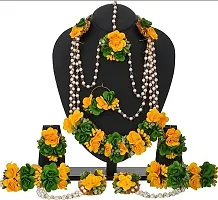 Craftsai Exports Flower Necklace Set with Maang Tika, Earrings and Bracelet with Nath for Women and Girls (GREEN YELLOW)-thumb1