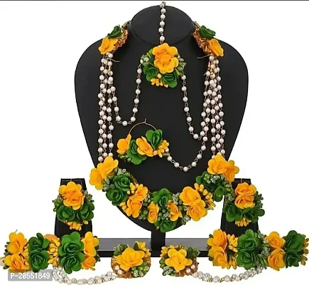 Craftsai Exports Flower Necklace Set with Maang Tika, Earrings and Bracelet with Nath for Women and Girls (GREEN YELLOW)-thumb2