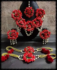 Craftsai Exports Flower Necklace Set with Maang Tika, Earrings and Bracelet for Women and Girls (Red)-thumb1