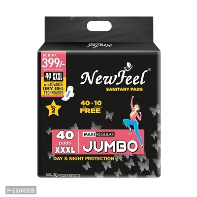 Newfeel Maxi Jumbo Sanitary Pad/Napkins | Size- XXXL- Pack of 40 Pads + 10 Panty Liners Free! Advanced Anti-bacterial Sanitary Pads with Dry Gel Technology for 100% Leak-Proof Protection Day and Night-thumb0
