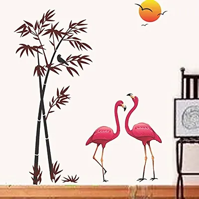 Decals Design 'Flamingos and Bamboo at Sunset' Wall Sticker (PVC Vinyl, 90 cm x 60 cm, Multicolour)