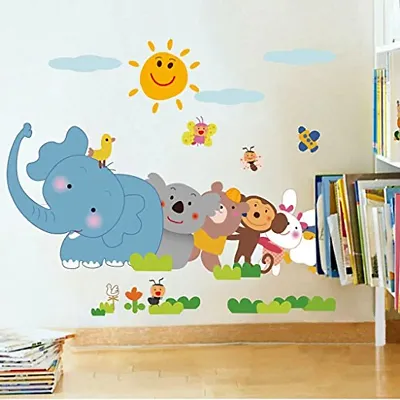 Decals Design 'Jungle Cartoon Cute Animals' Wall Sticker (PVC Vinyl, 60 cm x 90 cm, Multicolour)