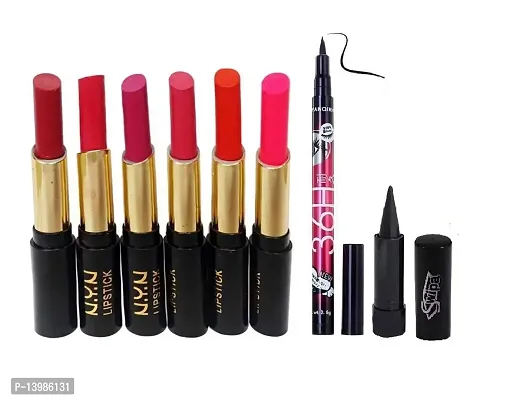 Swipa NYN Moisturzing Matte  Shiny RichLipstick(Pack Of 6) Kajal And 36Hrs Eyeliner Pen