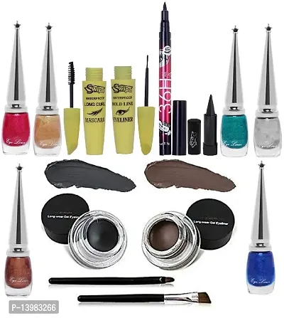 SWIPA Eye Makeup Kit - Waterproof eyeliner gel Black  Brown With 2 Brush Eyeliner Mascara 36hrs Eyeliner Pen Kajal 6 Pcs Multicolor Eyeliner