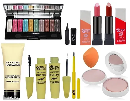 SWIPA 10 color Eyeshadow,Kajal,Pink Red Lipstick,Foundation(60ml),Eyeliner,Mascara,Kajal Pencil,2in1 Compact Powder,Face Puff