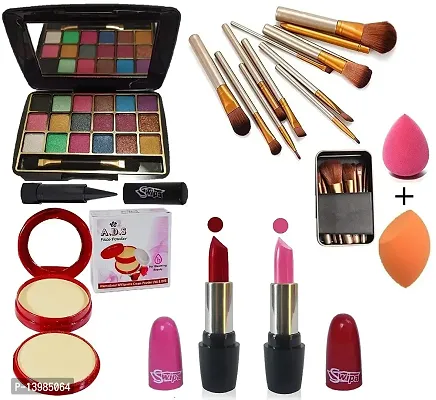 SWIPA Pink Red Lipstick,18Colour Mini Eyeshadow,12Pcs Brush,2n1 Compact,Kajal,2Pcs Puff(Pack Of-8)