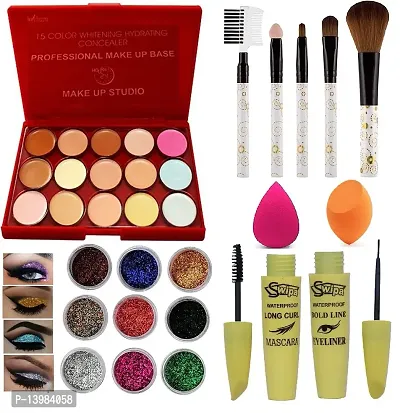 SWIPA Eyeliner,Mascara,15Shade Face Concealer,5Pcs Makeup Brush,2Pcs Puff,6Pcs Glitter Eyeshadow