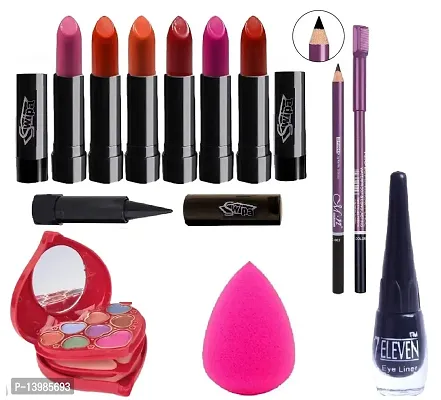 SWIPA 6pcs Mostrizing Lipstick+kajal+Makeup Kit+Eyeliner+2Pcs Eyebrow Pencil+Blender Puff Set Of-12