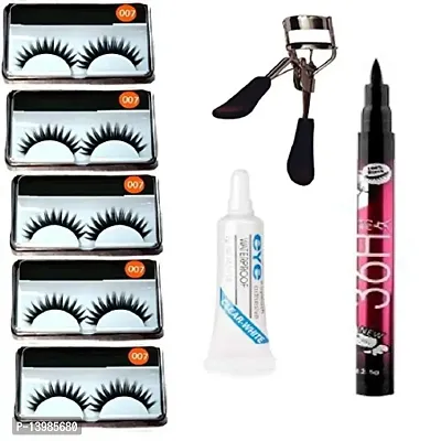 5 PAIR EYELASH, EYELASH GLUE, EYELASH CURLER WITH 36 HRS EYELINER COMBO KIT-thumb0