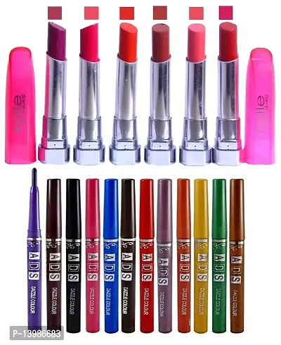 Belle Paris 6PCs Lipstick With 12 Pcs Eyeliner Multicolour