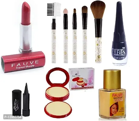 SWIPA Makeup Combo Set(Kajal,2in1 Compact Powder,Red Lipstick,Foundation(30),Liquid Eyeliner,5Pcs Brush)-thumb0