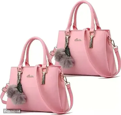 Stylish Pink PU Solid Handbags For Women Pack Of 2