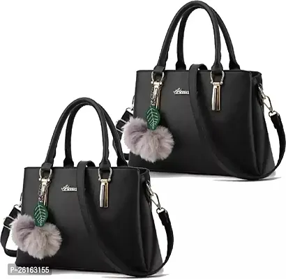 Stylish Black PU Solid Handbags For Women Pack Of 2