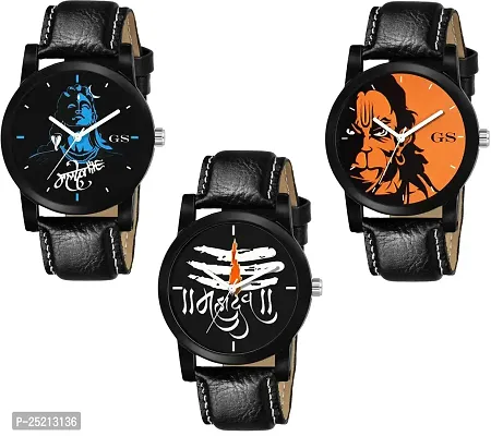 Green Scapper Luxury Black Leather Strap Lord Mahadev- Lord Hanuman Analog Watch Combo of 3 for Boys  Girls -7022