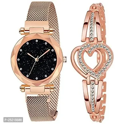 Green Scapper Multicolor Metal Strap Analogue Girls' Watch with Bracelet-9056 (Rose Gold)