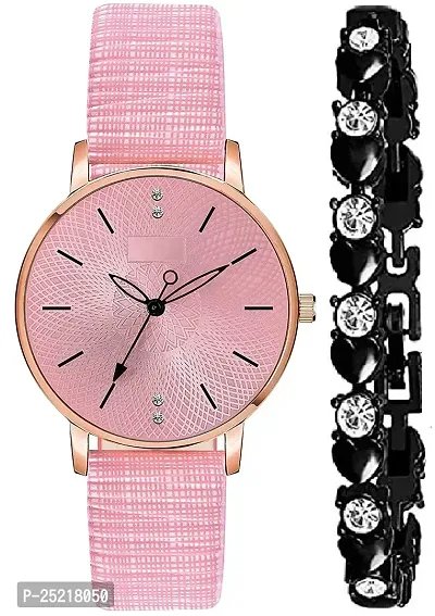 Green Scapper Luxury Multicolor Color Leather Strap Girl's  Women's Pack of 2 Analogue Watch with Black Diamond Bracelet-2058 (Pink)-thumb0