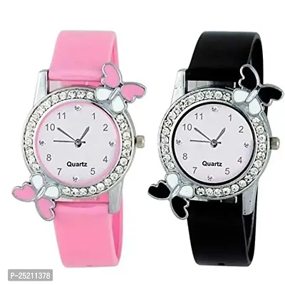 Butterfly Pink  Black Leather Strap Analog Watch for Women  Girls-thumb0