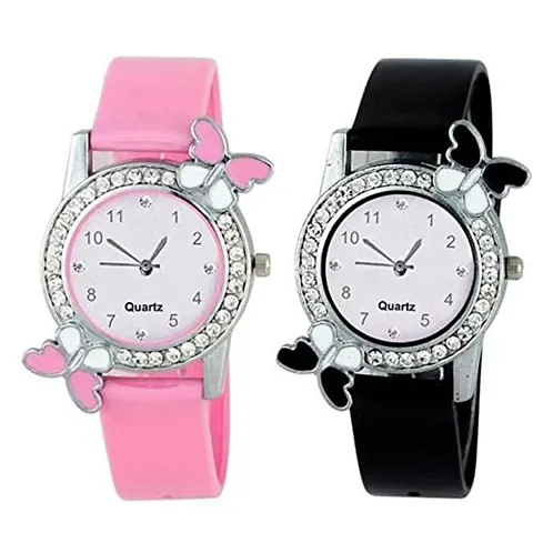 Butterfly Leather Strap Analog Watch for Women Girls