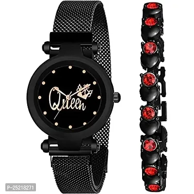 Green Scapper Multicolor Metal Queen Magnet Strap Analogue Girls'  Women's Watch with Bracelet-9072 (Black-Red)