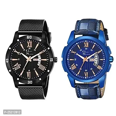 Blue  Black Leather Strap Luxury Day  Date Display Pack of 2