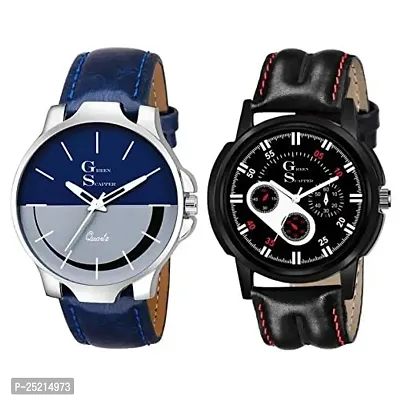 Green Scapper Black  Blue Leather Strap Analog Watch Pack of 2 for Men-1513