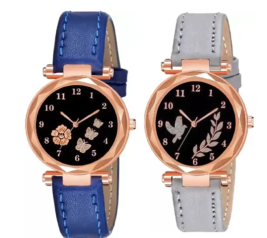 Stylish Attractive Designer Leather Belt Combo Watch For Girls Women (Pair Of 2)