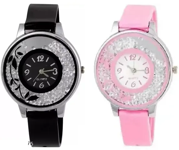 Scapper Moving Diamond Rubber Strap Leaf Watches for Women Girls-4157