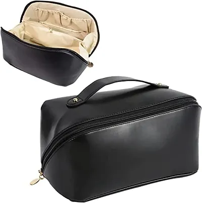 Large Capacity Travel Cosmetic Bag, Leather Makeup Bag with Handle and Divider, Waterproof Cosmetic Bag, Portable Leather Toiletry Bag, Roomy Cosmetic Bag for Women  Girls