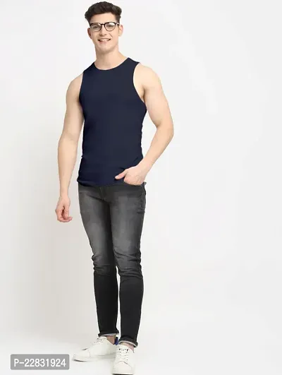 Stylish Navy Blue Polyester Sleeveless Gym Vest For Men-thumb5