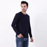 Men's Navy Blue Cotton Solid Round Neck Tees-thumb2