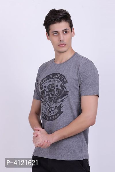 Men's Grey Cotton Printed Round Neck Tees-thumb2