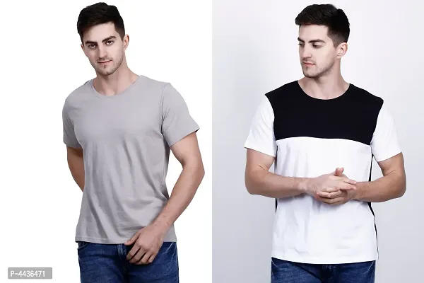 Men's Multicoloured Cotton Blend Self Pattern Round Neck Tees (Pack of 2)