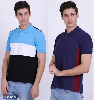 Men's Multicoloured Cotton Blend Self Pattern Polos T-Shirts (Pack of 2)-thumb3