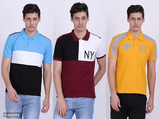 Men's Multicoloured Cotton Blend Self Pattern Polos T-Shirts (Pack of 3)