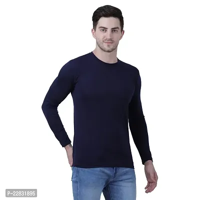 Stylish Navy Blue Polyester Solid Round Neck Tees For Men-thumb3