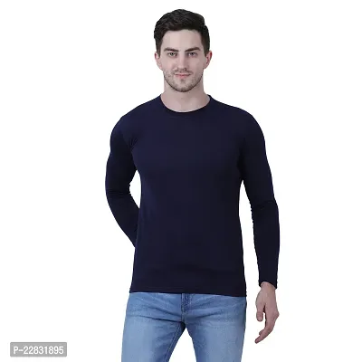 Stylish Navy Blue Polyester Solid Round Neck Tees For Men-thumb0