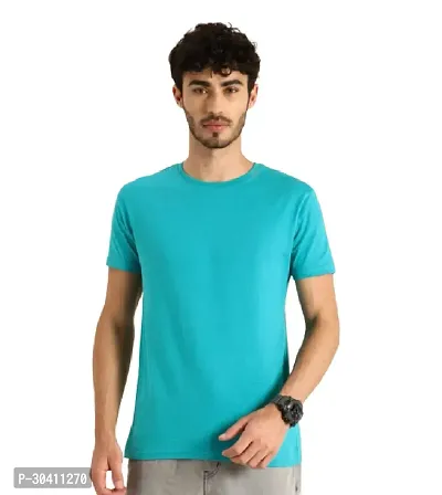 Stylish Blue Polyester Solid Short Sleeves Round Neck Tees For Men-thumb0