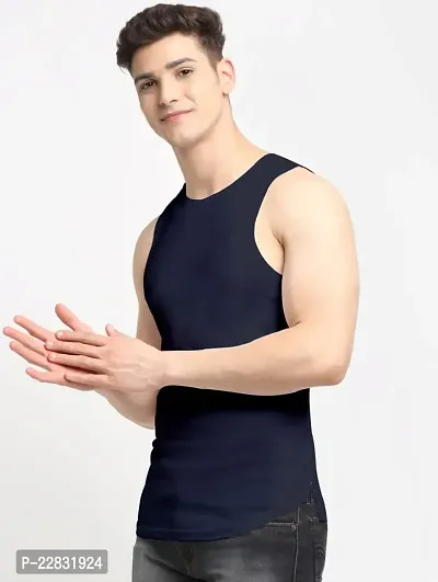 Stylish Navy Blue Polyester Sleeveless Gym Vest For Men-thumb3