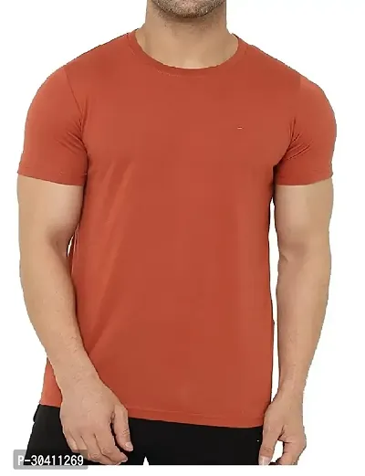 Stylish Orange Polyester Solid Short Sleeves Round Neck Tees For Men-thumb5