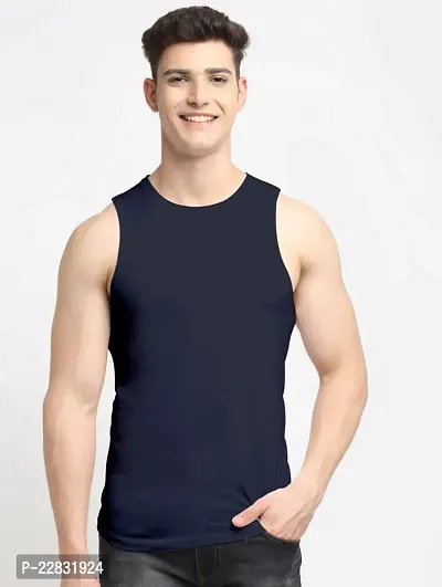 Stylish Navy Blue Polyester Sleeveless Gym Vest For Men-thumb0