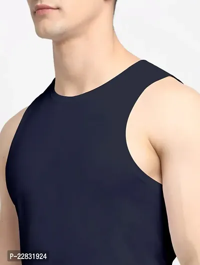 Stylish Navy Blue Polyester Sleeveless Gym Vest For Men-thumb4
