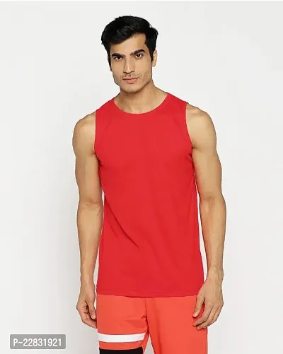 Stylish Red Polyester Sleeveless Gym Vest For Men