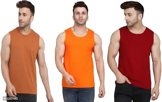 Stylish Multicoloured Polyester Sleeveless Gym Vest For Men Pack Of 3