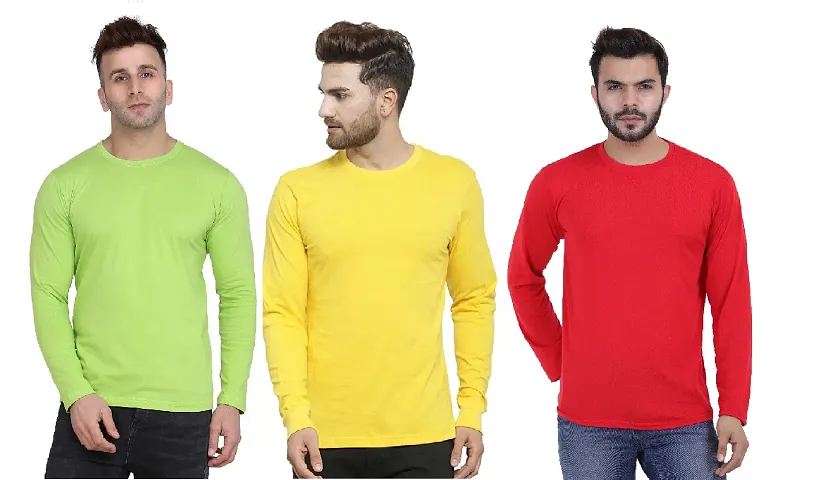 Stylish Polyester Solid Round Neck Full Sleeves Men T-Shirt Pack Of 3