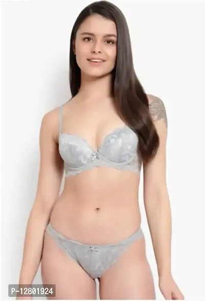 Womens Gorgeous Honeymoon Heavily Padded Lace Wired Push up Bra Panty Bridal Set Grey 30B